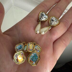 Gold Vintage Signed Swarovski Clip On Earrings - 2 Pairs